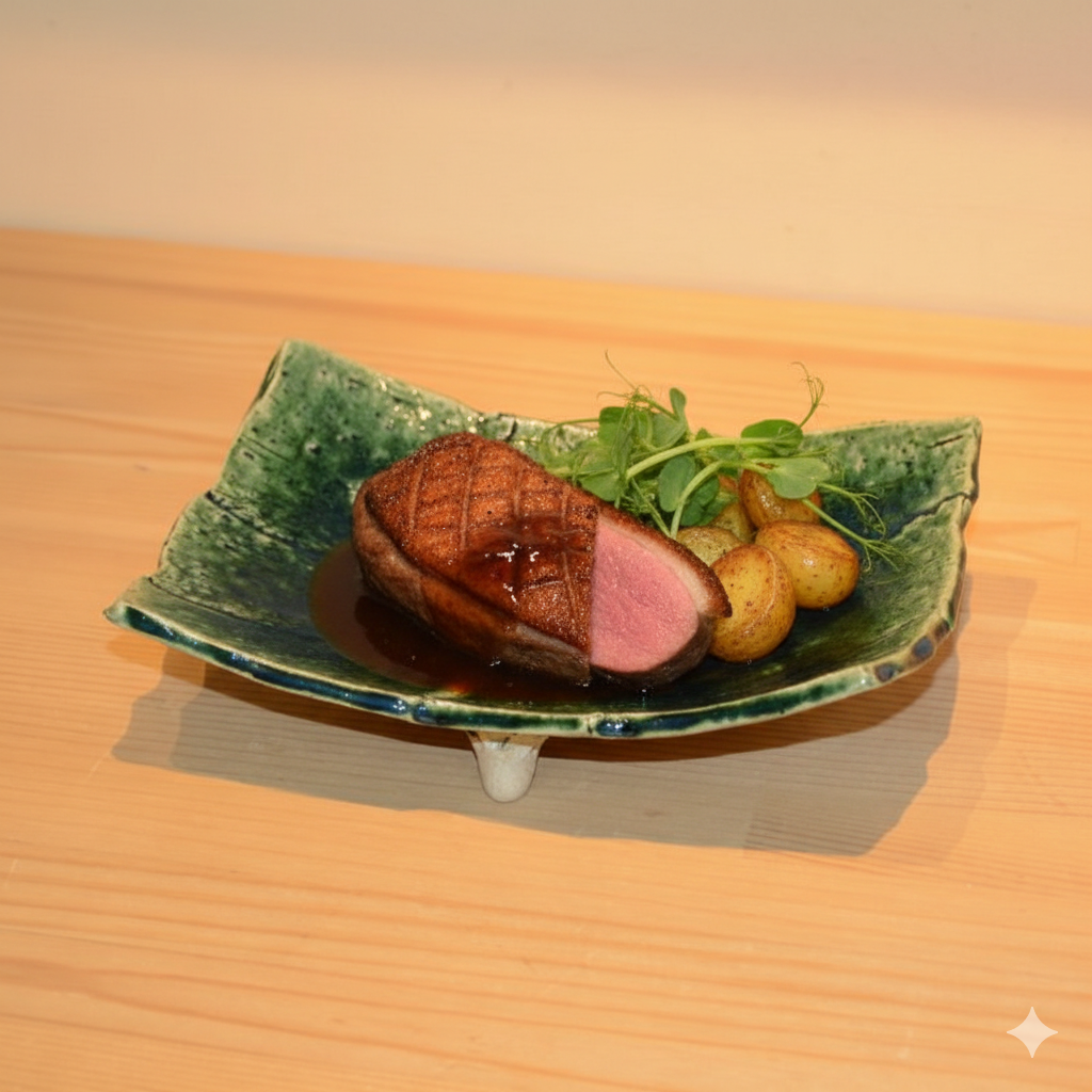 笠間焼人気作家・尾崎高行さんの織部ツギハギ郭皿です。織部釉の深い緑色が魅力的です。