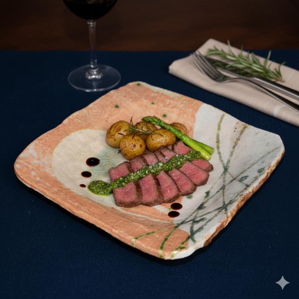 美濃焼人気作家・佐藤和次さんの織部武蔵野四方皿、様々なシュチエーションで・・